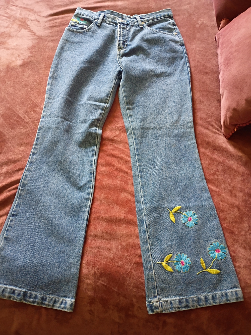 No Boundaries Light Blue Flare Jeans with Blue & Yellow Floral Embroidery